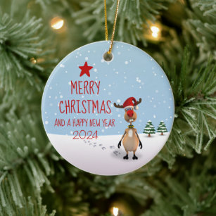 Reindeer Christmas Funny New Year Tree 2024 Ceramic Ornament