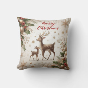 Reindeer, Christmas Holly and Ornaments Cushion