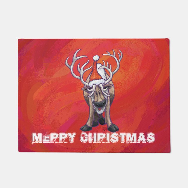 Reindeer Christmas On Green Doormat (Front)