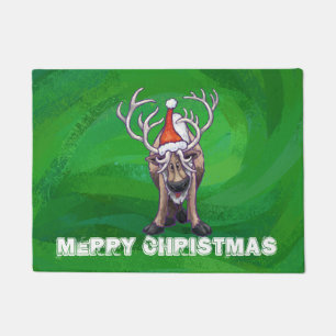 Reindeer Christmas On Green Doormat