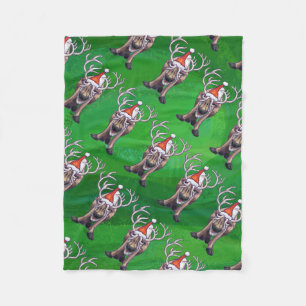 Reindeer Christmas On Green Fleece Blanket