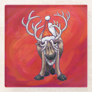 Reindeer Christmas On Green Glass Coaster