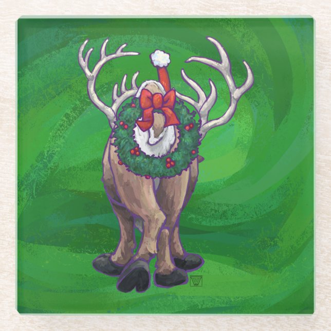 Reindeer Christmas On Green Glass Coaster (Front)