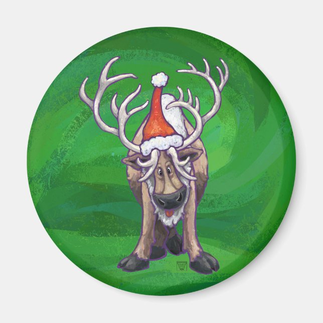 Reindeer Christmas On Green Magnet (Front)