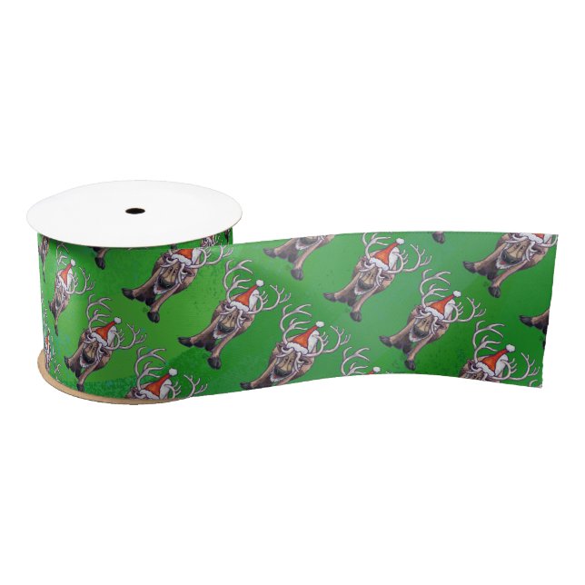 Reindeer Christmas On Green Satin Ribbon (Spool)