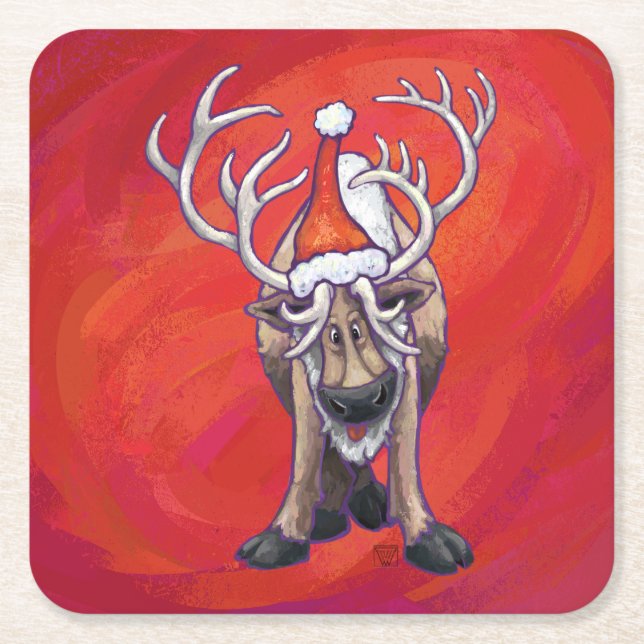Reindeer Christmas On Green Square Paper Coaster (Front)