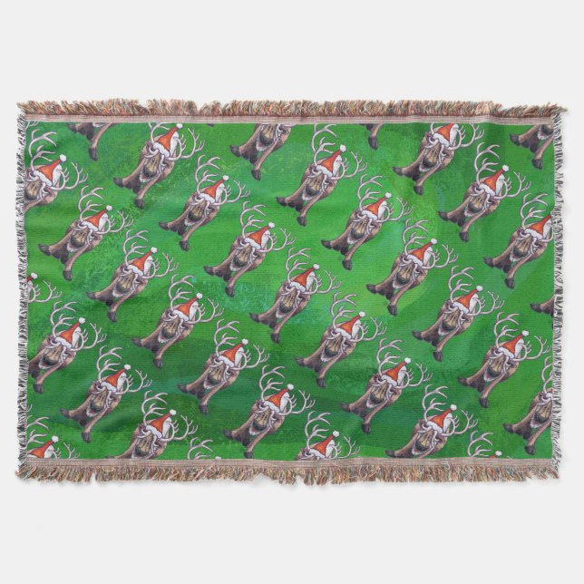 Reindeer Christmas On Green Throw Blanket (Front)