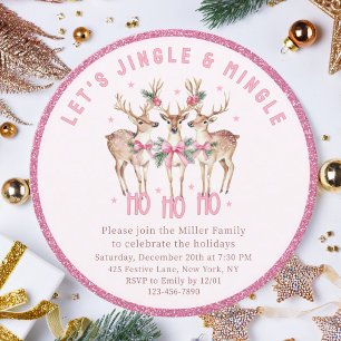 Reindeer Christmas Party Pink Bow Sparkle Invitation