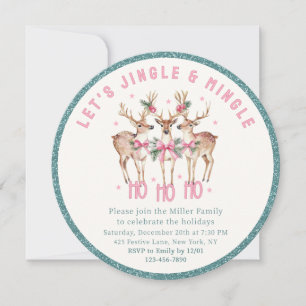 Reindeer Christmas Party Pink Bow Teal Sparkle Invitation