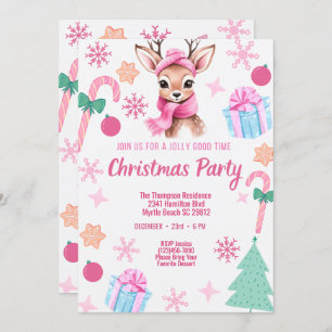  Reindeer Christmas Party Pink Invitation