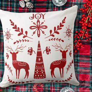 Reindeer Christmas Red and White Nordic Watercolor Cushion