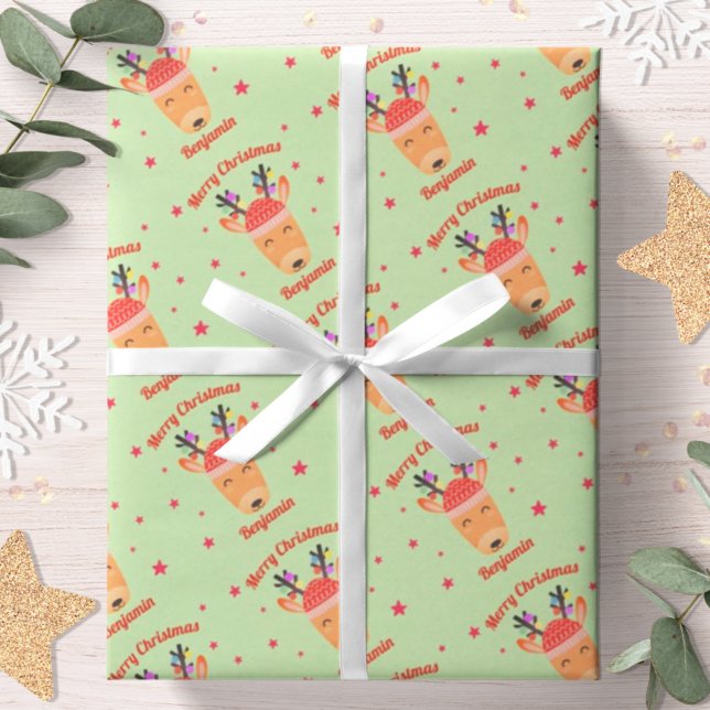 Reindeer Christmas Red Green Name Personalised Wrapping Paper (Creator Uploaded)
