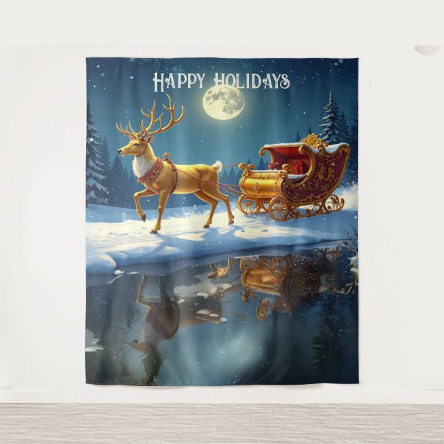 Reindeer Christmas Sleigh Holiday Backdrop Tapestry (Front)