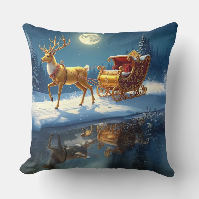 Reindeer Christmas Sleigh Holiday Cushion (Front)