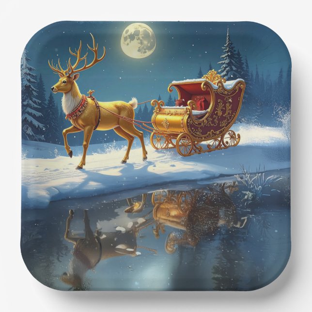 Reindeer Christmas Sleigh Holiday Paper Plate (Front)