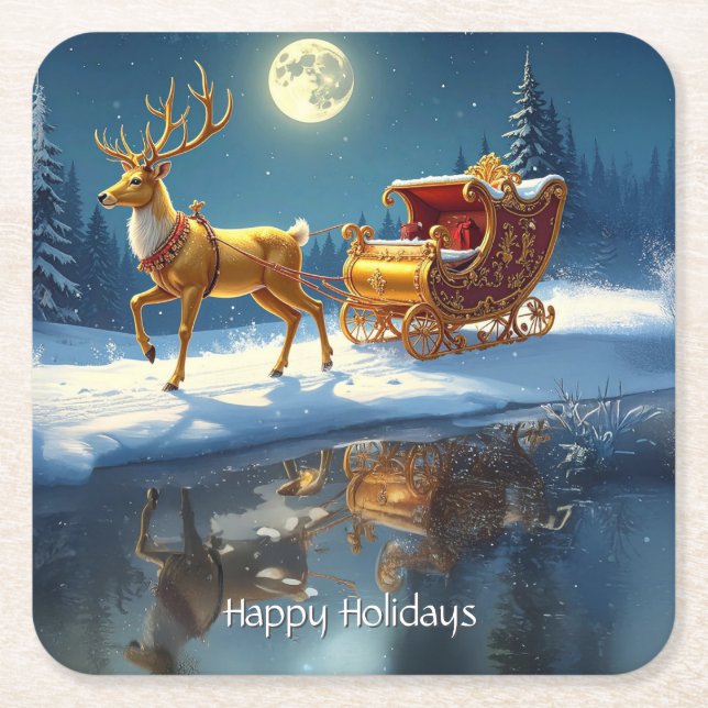 Reindeer Christmas Sleigh Holiday Square Paper Coaster (Front)