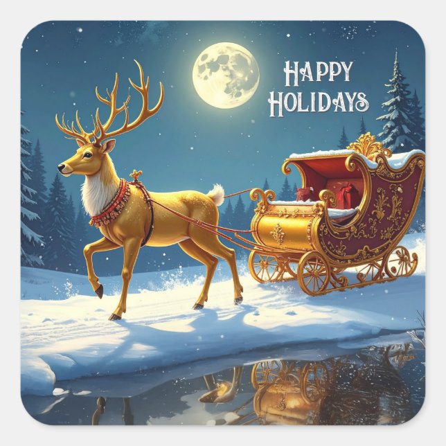 Reindeer Christmas Sleigh Holiday Sticker (Front)