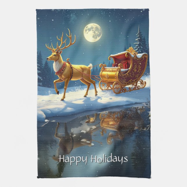 Reindeer Christmas Sleigh Holiday Tea Towel (Vertical)