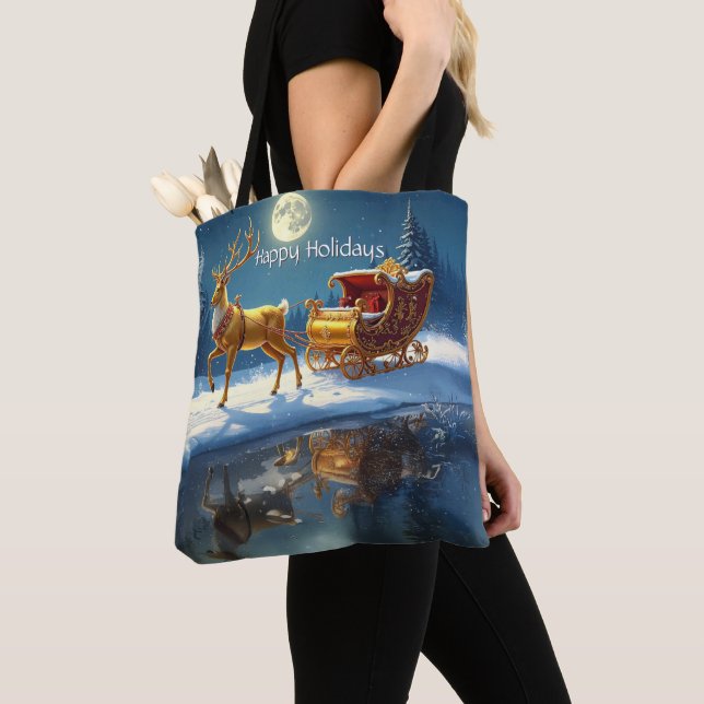 Reindeer Christmas Sleigh Holiday Tote Bag (Close Up)