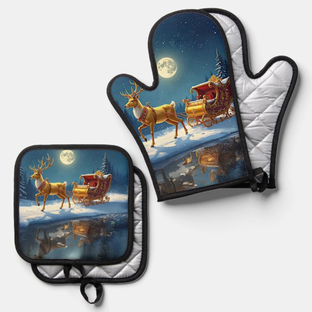 Reindeer Christmas Sleigh Oven Mitt & Pot Holder Set (Front/Back)