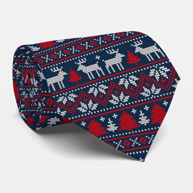 Reindeer Christmas Tree Scandinavian Holiday Tie (Rolled)