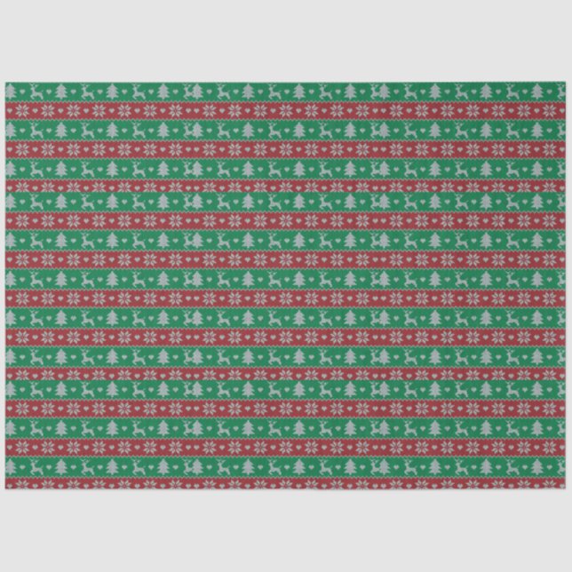 Reindeer Christmas Trees Hearts Green Christmas Tissue Paper (Front)