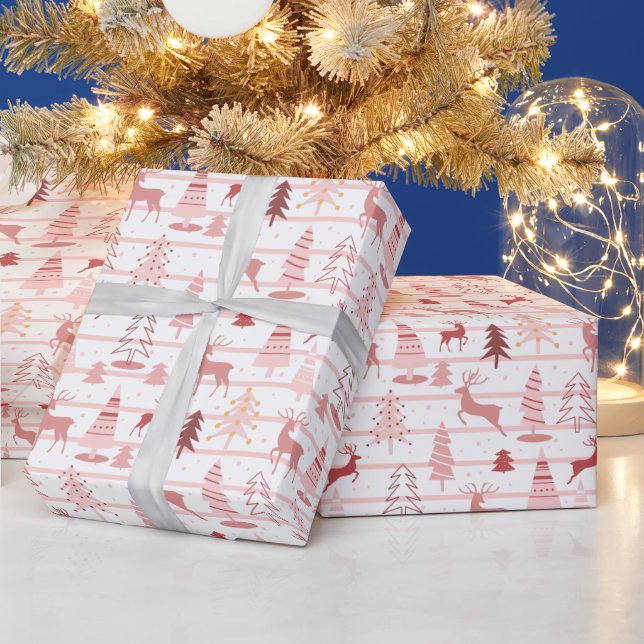 Reindeer Christmas Trees Rose Gold Pink Christmas Wrapping Paper (Holidays)