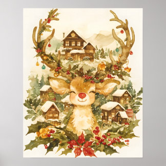 Reindeer Christmas Vintage Watercolor painting Poster