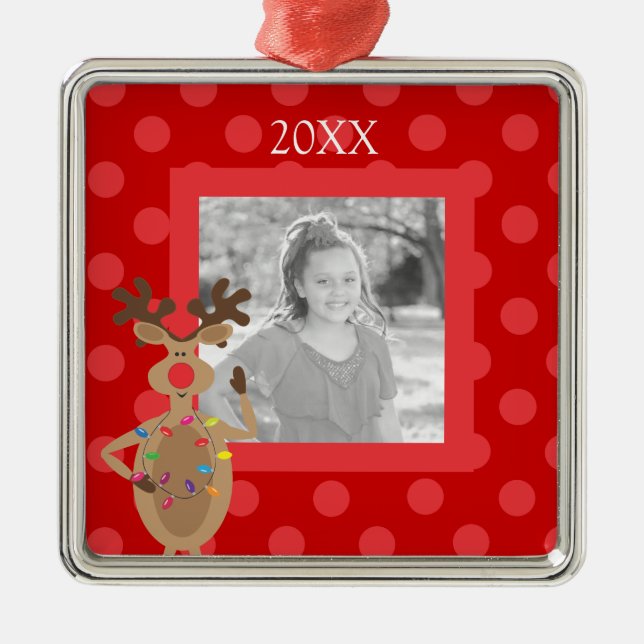 Reindeer Christmas w Lights Red Dots Ornament (Front)