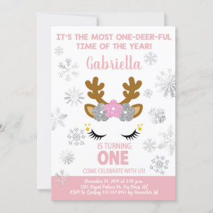 Reindeer Christmas Winte girl 1st birthday invite. Invitation