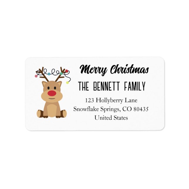 Reindeer Colourful Christmas Lights Typography Label (Front)