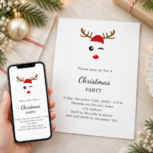 Reindeer cute tartan red Christmas Party Invitation