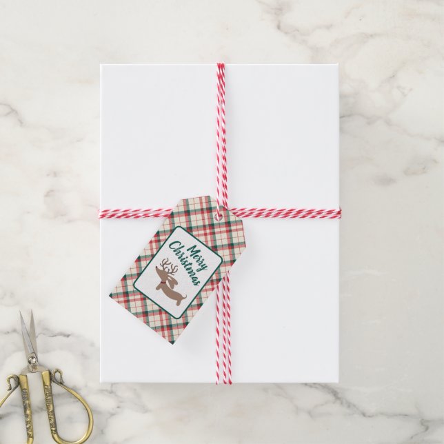 Reindeer Dachshund Christmas Preppy Plaid Gift Tag (With Twine)