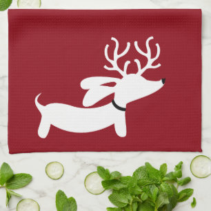 Reindeer Dachshund Holiday Green Dish Towel