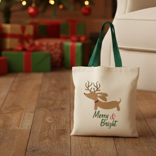 Reindeer Dachshund Merry & Bright Christmas Tote