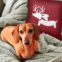 Reindeer Dachshund Pillow on Red