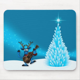 Reindeer Dancing Guitar Merry Christmas Tree Blue Mouse Pad