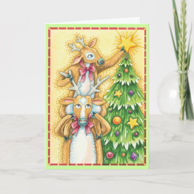 Reindeer Decorate Christmas Tree Retro Card (Front)