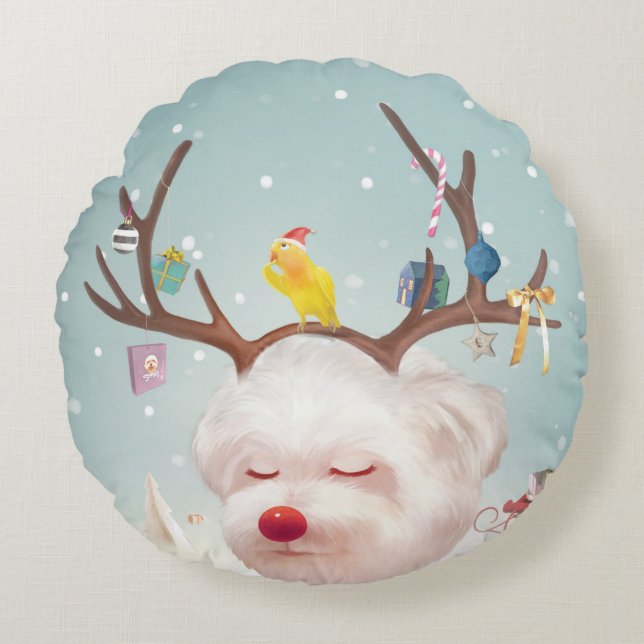 Reindeer Dog with Christmas Ornaments Round Cushion (Front)
