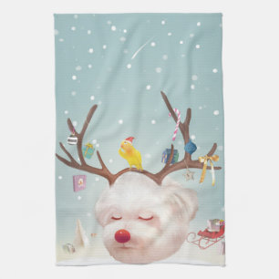 Reindeer Dog with Christmas Ornaments Tea Towel