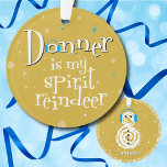 Reindeer Donner Snowman Gold Blue Year Christmas Ornament<br><div class="desc">"Donner is my spirit reindeer" in white on a gold background. Blue ear muffs are on the 'o'. White, blue and gold sparkles in the background. On the back, a super fun graphic snowman with the same blue ear muffs on. The year makes for good buttons, and the name is...</div>