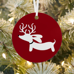 Reindeer Doxie on Red Metal Tree Decoration