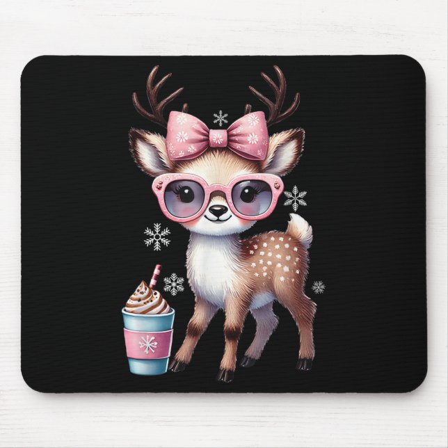 Reindeer Drinking Hot Chocolate Bougie Women Girls Mouse Pad (Front)
