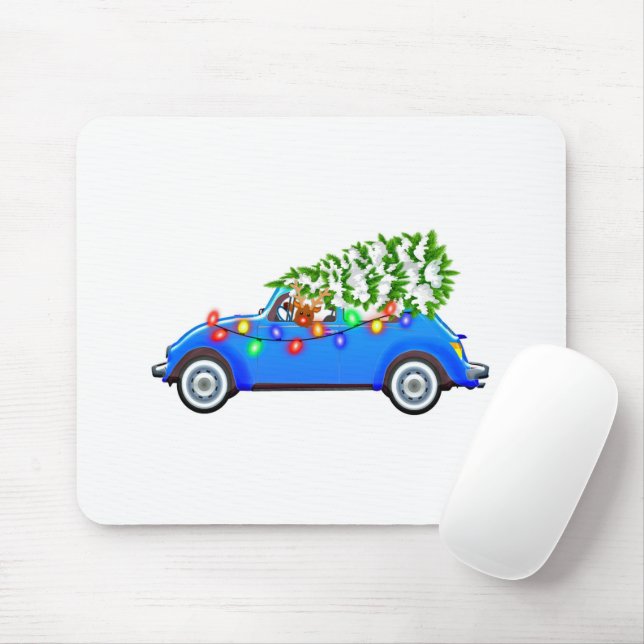 Reindeer driving a beetle with christmas treeb mouse pad (With Mouse)