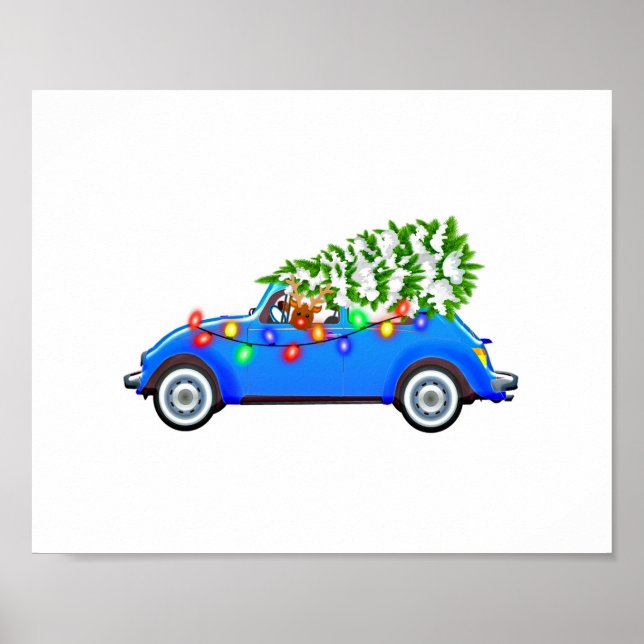 Reindeer driving a beetle with christmas treeb poster (Front)