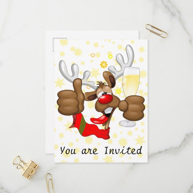 Reindeer Drunk Funny Christmas Character Invitation Postcard (Front/Back In Situ)