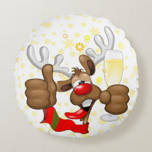Reindeer Drunk Funny Christmas Character Round Cushion