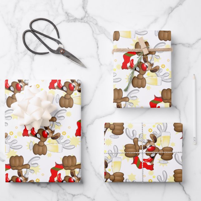 Reindeer Drunk Funny Christmas Character Wrapping Paper Sheet (Front)