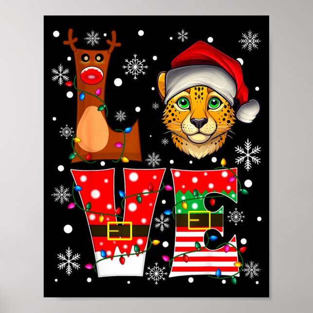 Reindeer Elf Santa Hat Love Cheetah Animal Xmas  Poster (Front)