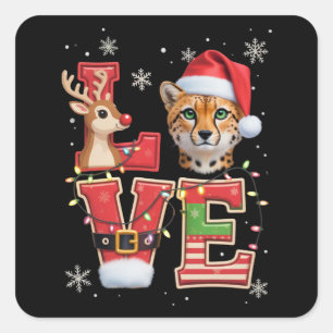 Reindeer ELF Santa Hat Love Cheetah Animal Xmas Square Sticker